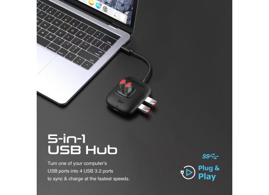 Promate SnapHub-4 5-in-1 Type-C Sync/Charge Adapter with USB-A Adapter, 100W USB-C Power Delivery Port, 10Gbps 4 USB 3.2 Ports